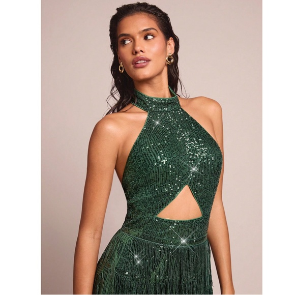 Green Sequined Tassel Cut Out Mini Short Dress Halter Neck - Picture 3 of 8
